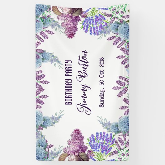 Soft Blue Pastel Hydrangeas Paarse Lila Verjaardag Spandoek (Verticaal)
