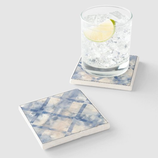 Soft Blue Plaid Square Sandstone Onderzetter (Zijkant)