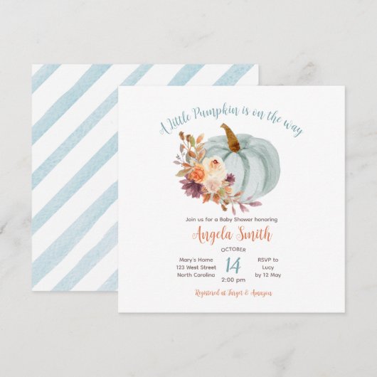 Soft Blue Pumpkin Rustic Floral Baby shower Kaart (Voorkant / Achterkant)