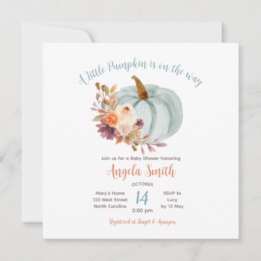 Soft Blue Pumpkin Rustic Floral Baby shower Kaart (Voorkant)