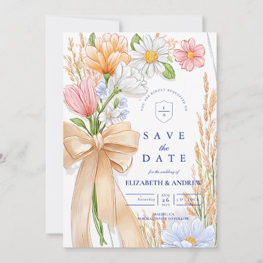 Soft Blue Ribbon Floral Wedding Save The Date (Voorkant)