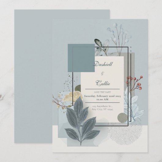 Soft Blue & Sage Bloemen Botanische Huwelijk Kaart (Voorkant / Achterkant)