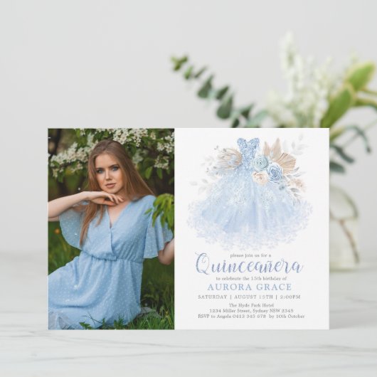 Soft Blue Silver Quinceañera Princess Dress Photo Kaart (Staand voorkant)