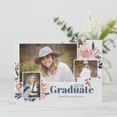 Soft Blue Three Photo Trendy Graduparty Kaart (Staand voorkant)