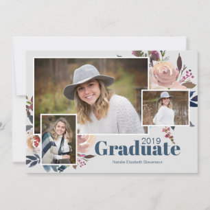 Soft Blue Three Photo Trendy Graduparty Kaart