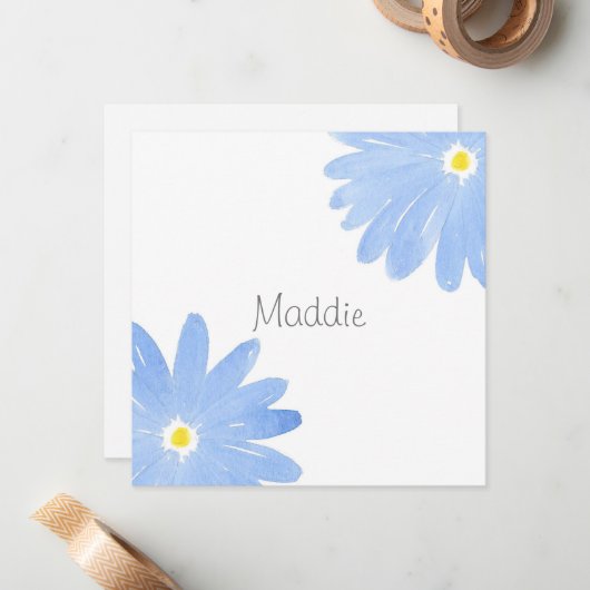 Soft Blue Waterverf Daisies Notitiekaartje (Voorkant / Achterkant in situ)
