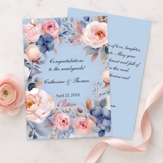 Soft Blue Waterverf Floral Wedding Gefeliciteerd Kaart