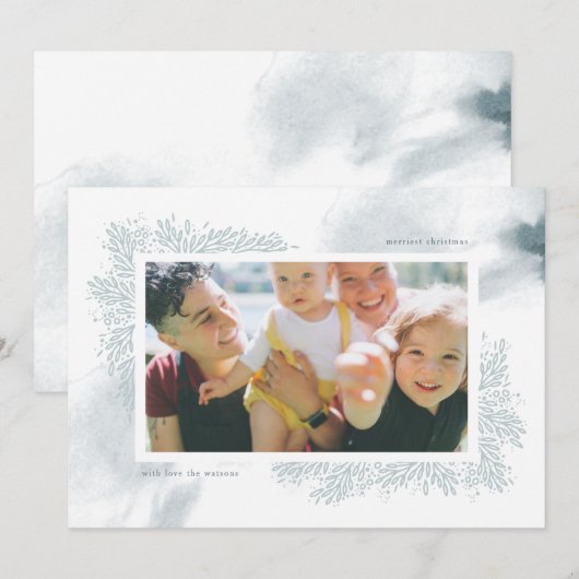 Soft Blue Waterverf Flower kerstfoto-kaart Feestdagenkaart (Voorkant / Achterkant)