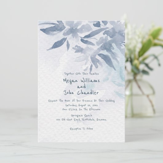 Soft Blue Waterverf Leaves Wedding Kaart (Staand voorkant)