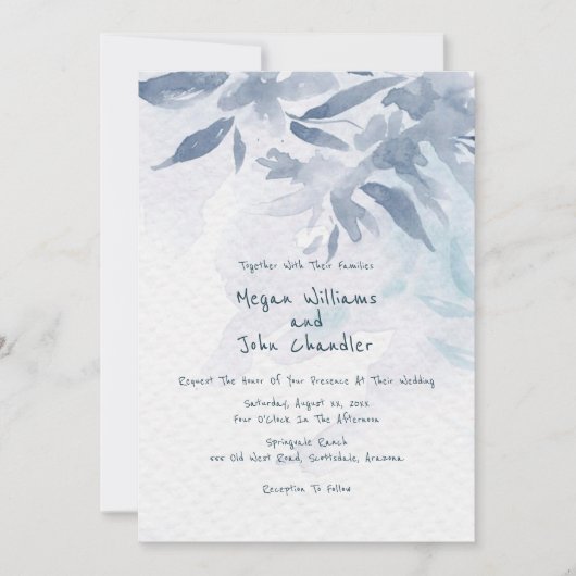 Soft Blue Waterverf Leaves Wedding Kaart (Voorkant)