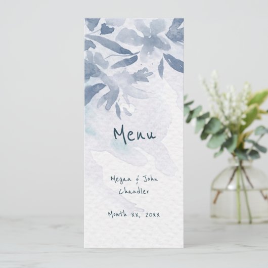 Soft Blue Waterverf Leaves Wedding Menu (Staand voorkant)