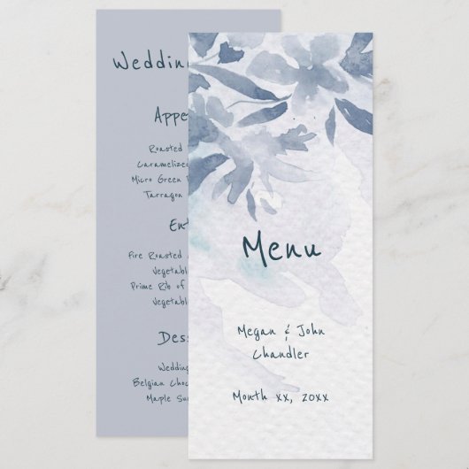 Soft Blue Waterverf Leaves Wedding Menu (Voorkant / Achterkant)