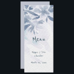 Soft Blue Waterverf Leaves Wedding Menu<br><div class="desc">Deze Wedding Menu Kaart is ontworpen in met zacht blauw waterverf bladeren aan de voorkant met de tekst: Menu, De namen van de bruid en bruidegom en de trouwdatum. De keerzijde bevat: Wedding Menu, en uw Appetizer, Enter en Dessert Selecties. Om te personaliseren, voegt u eenvoudig al uw gegevens in...</div>