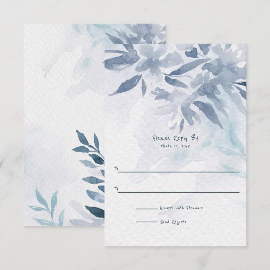 Soft Blue Waterverf Leaves Wedding RSVP Kaartje (Voorkant / Achterkant)
