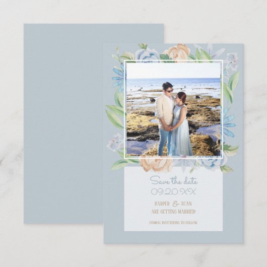 Soft Blue Waterverf Sketting Floral Save The Date (Voorkant / Achterkant)