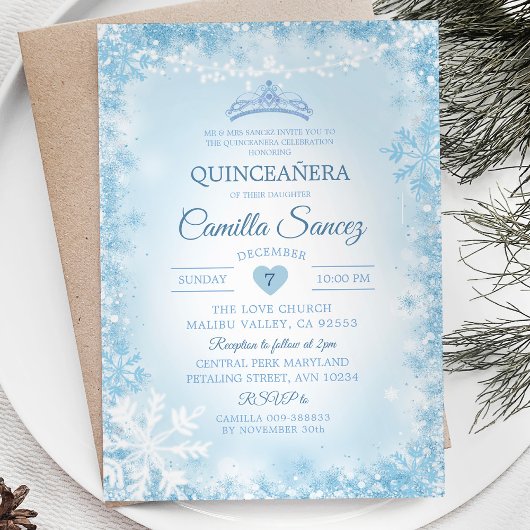 Soft Blue & White Snowflake Winter Quince Invite12 Kaart