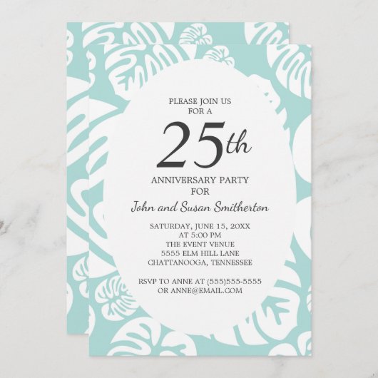 Soft Blue White Tropical Leaves 25th Jubileum Kaart (Voorkant / Achterkant)