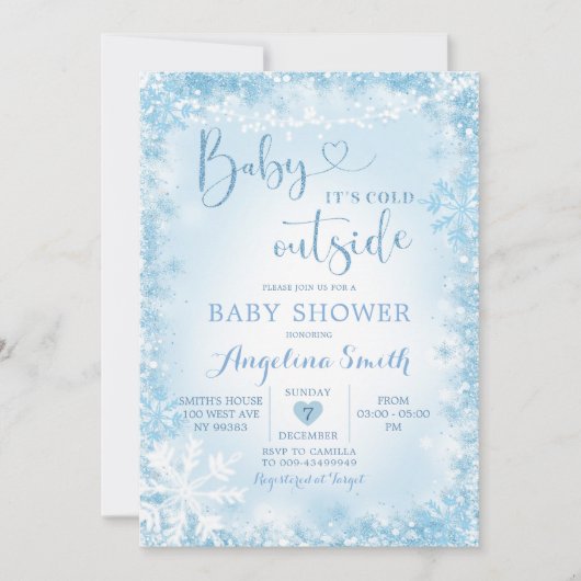 Soft Blue White Winter Baby shower Invite12 Kaart (Voorkant)