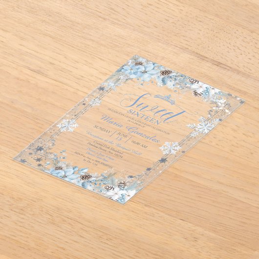 Soft Blue Winter Floral Christmas Sweet Sixteen Acryl Uitnodigingen (Laagn)