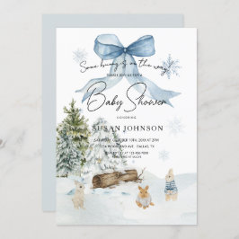 Soft Blue Winter Wonderland Bunny Bow Baby shower Kaart