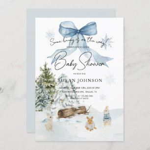 Soft Blue Winter Wonderland Bunny Bow Baby shower Kaart