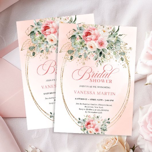 Soft Blush and Gold Botanical Bridal Shower Invite Kaart