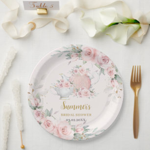 Soft Blush Bloemen High Tea Party Vrijgezellenfees Papieren Bordje