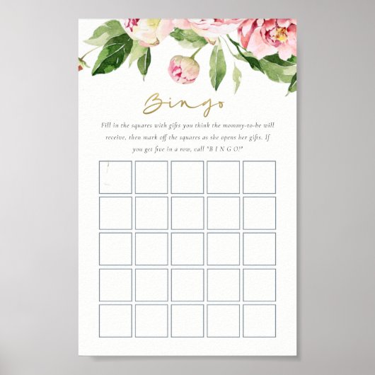 Soft Blush Bloemen Pioen Waterverf Bingo spel Poster (Voorkant)