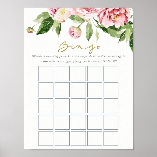 Soft Blush Bloemen Pioen Waterverf Bingo spel Poster (Voorkant)