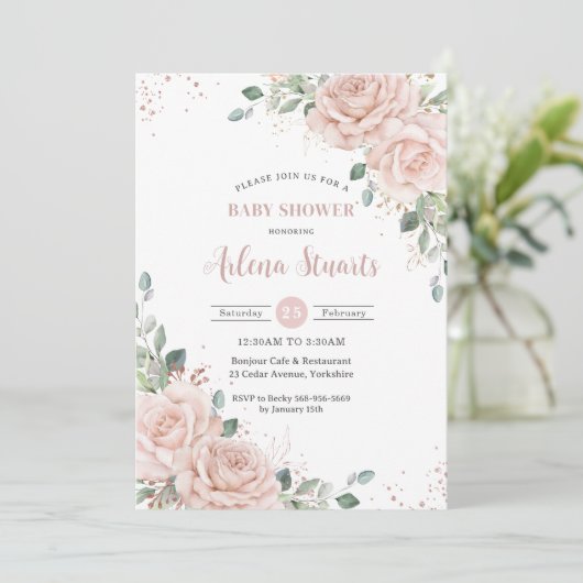 Soft Blush Bloemen Roos Goud Baby shower QR Code Kaart (Staand voorkant)