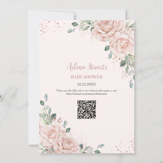 Soft Blush Bloemen Roos Goud Baby shower QR Code Kaart (Achterkant)