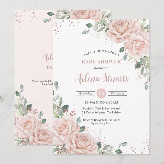 Soft Blush Bloemen Roos Goud Baby shower QR Code Kaart (Voorkant / Achterkant)