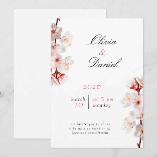 Soft Blush Blossom Wedding Invitation Kaart (Voorkant / Achterkant)
