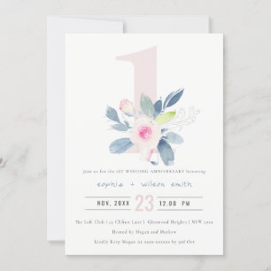 SOFT BLUSH BLUE FLORAL 1st JAAR JUBILEUM Kaart