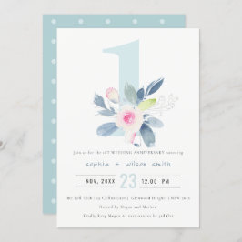 SOFT BLUSH BLUE FLORAL 1st JAAR JUBILEUM Kaart