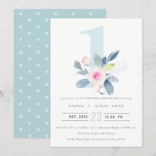 SOFT BLUSH BLUE FLORAL 1st JAAR JUBILEUM Kaart