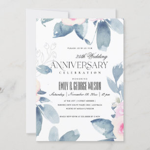 SOFT BLUSH BLUE FLORAL 25th ANY YEAR JUBILEUM Kaart