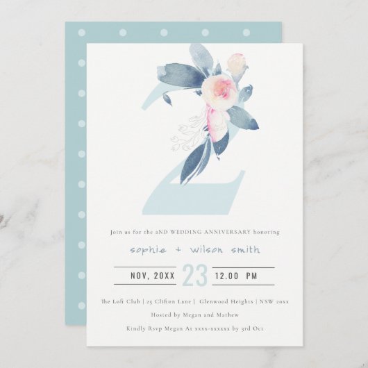 SOFT BLUSH BLUE FLORAL 2E JAAR JUBILEUM KAART (Voorkant / Achterkant)