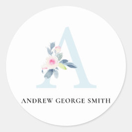 SOFT BLUSH BLUE FLORAL ALPHABETS NAME BRIEF A RONDE STICKER