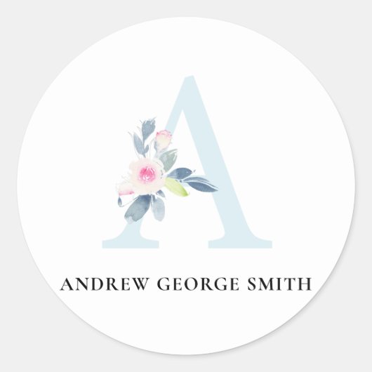 SOFT BLUSH BLUE FLORAL ALPHABETS NAME BRIEF A RONDE STICKER (Voorkant)