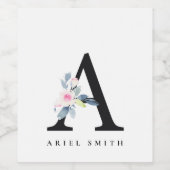 SOFT BLUSH BLUE FLORAL ALPHABETS NAME BRIEF A WIJN ETIKET (Enkel label)