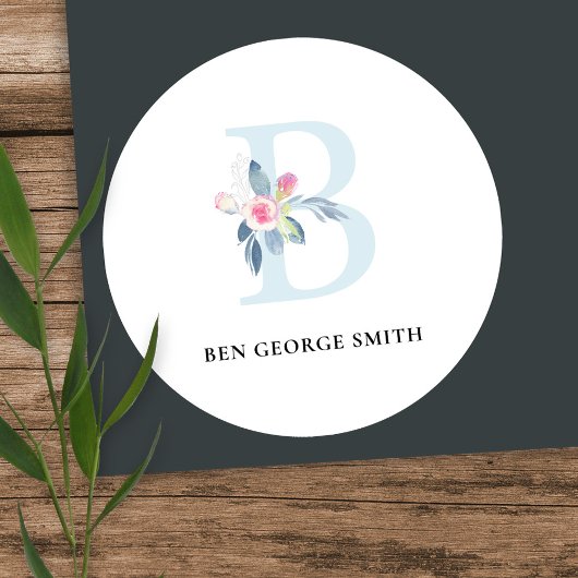 SOFT BLUSH BLUE FLORAL ALPHABETS NAME BRIEF B RONDE STICKER
