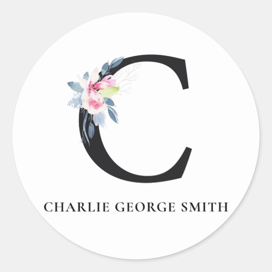 SOFT BLUSH BLUE FLORAL ALPHABETS NAME BRIEF C RONDE STICKER (Voorkant)