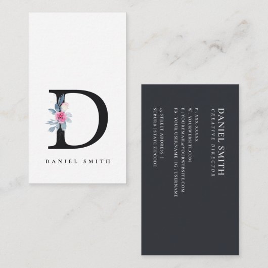 SOFT BLUSH BLUE FLORAL ALPHABETS NAME BRIEF D VISITEKAARTJE (Voorkant / Achterkant)