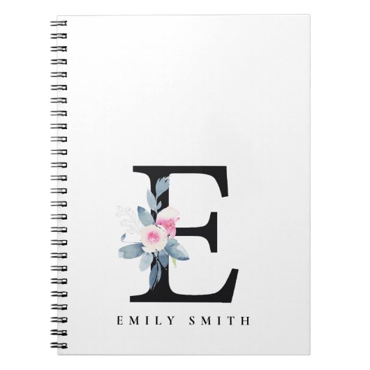 SOFT BLUSH BLUE FLORAL ALPHABETS NAME BRIEF E NOTITIEBOEK (Voorkant)