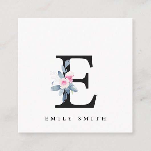 SOFT BLUSH BLUE FLORAL ALPHABETS NAME BRIEF E VIERKANTE VISITEKAARTJE (Voorkant)