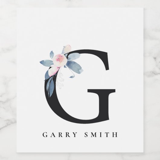 SOFT BLUSH BLUE FLORAL ALPHABETS NAME BRIEF G WIJN ETIKET (Enkel label)