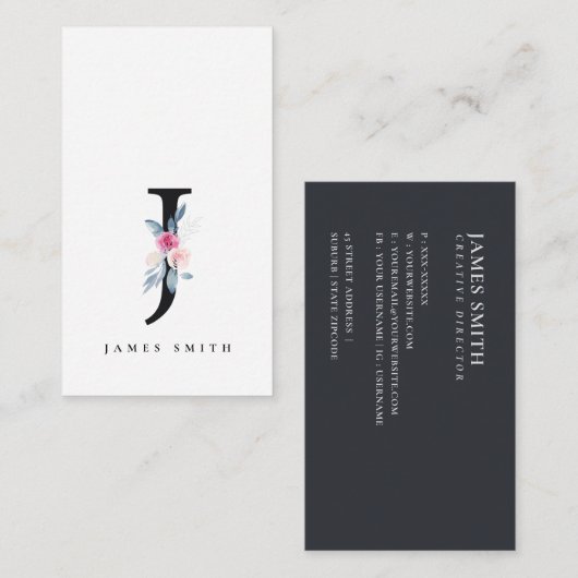 SOFT BLUSH BLUE FLORAL ALPHABETS NAME BRIEF J VISITEKAARTJE (Voorkant / Achterkant)