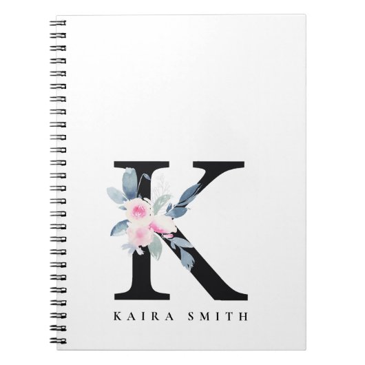 SOFT BLUSH BLUE FLORAL ALPHABETS NAME BRIEF K NOTITIEBOEK (Voorkant)