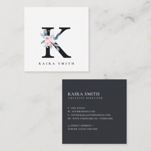 SOFT BLUSH BLUE FLORAL ALPHABETS NAME BRIEF K VIERKANTE VISITEKAARTJE (Voorkant / Achterkant)